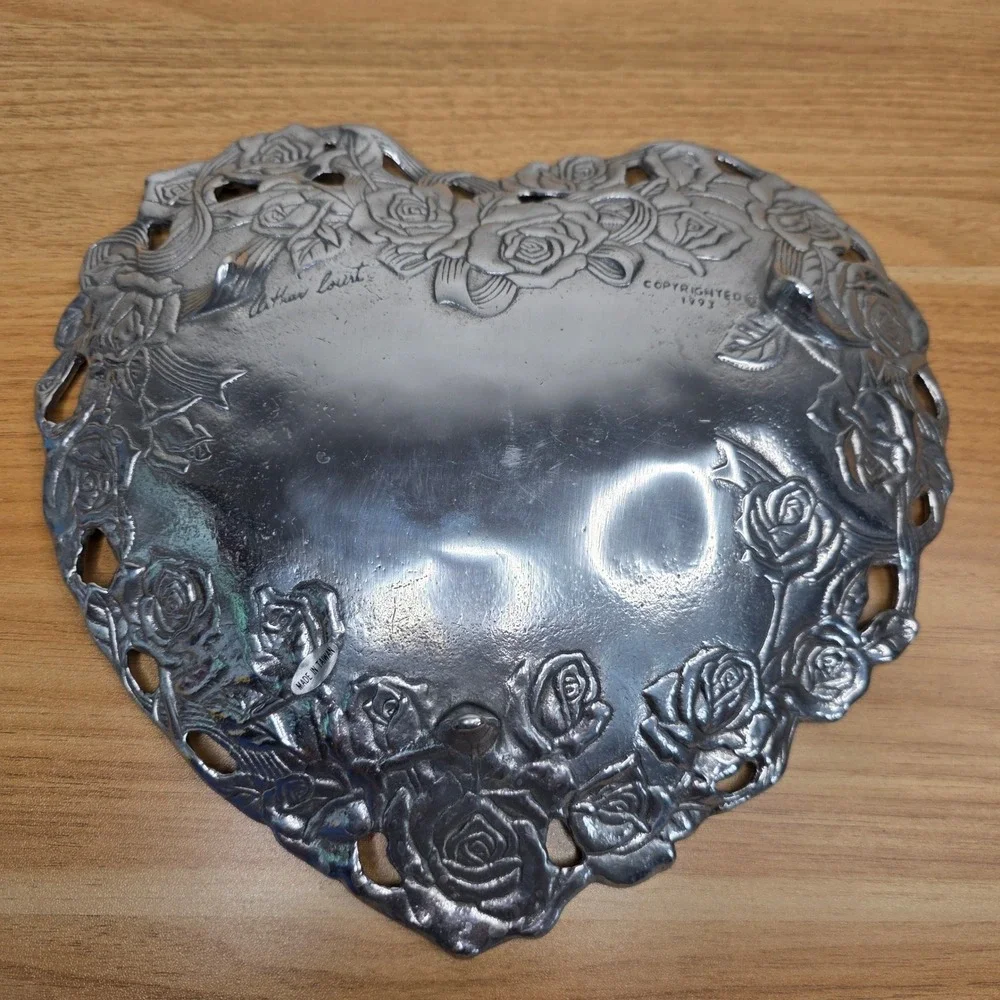 Vintage Arthur Court‎ California Rose Heart Tray Silver 1993 Aluminum With Box